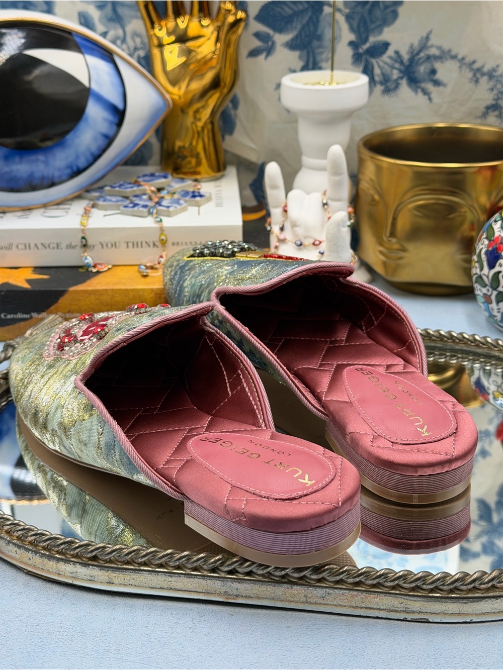 🆕 KURT GEIGER LONDON 🧿 NWOB Pink Embroidered Slipper Shoes - Sz 37 US 7 - Picture 11 of 16
